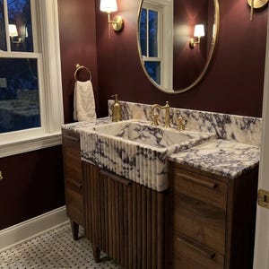 Viola Sink | Fluted Calacatta Viola Marble Vanity Basin with Backsplash and Wood Vanity, Dramatic Natural Veining Statement