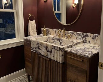 Viola Sink | Fluted Calacatta Viola Marble Vanity Basin with Backsplash and Wood Vanity, Dramatic Natural Veining Statement