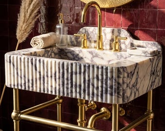 Custom Calacatta Viola Marble Pedestal Basin with Backsplash and Optional Metal Stand, One of a Kind Veining Pattern