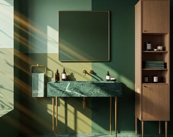 Lavabo mural de mármol verde de lujo – Lavabo de piedra natural con patas de latón para un diseño de interiores de baño moderno M2M56