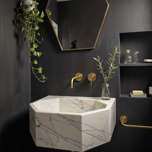 Travertine Marble Sink Basin with Vanity – Natural Stone Bathroom Vanity Top, Wall Mounted Marble Sink for Interior Design