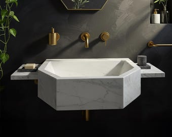 Carrara Marble Wall-Mounted Sink – Luxury White Marble Basin with Grey Veining, Custom Octagon Design for Modern Bathrooms M2S039