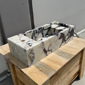 Rectangular Calacatta Viola Marble Sink – Compact Stone Basin – Custom Bathroom Vanity Sink for Modern Powder Room