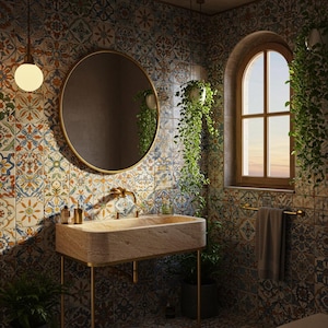 Handmade Travertine Sink | Rustic Bathroom Vanity with Metal Legs | Natural Stone Basin for Classic Decor