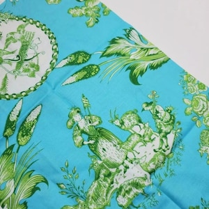 May include: A turquoise blue fabric with a white and green floral pattern. The pattern features a pastoral scene with a woman and sheep.