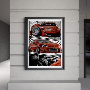 Peut inclure: Œuvre d'art encadrée représentant une voiture de sport rouge dans un style bande dessinée. L'image est divisée en trois panneaux, montrant différents angles de la voiture. L'œuvre est exposée sur un mur blanc.