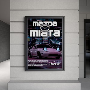 Może przedstawiać: Oprawiony plakat przedstawiający biały samochód sportowy Mazda Miata z wysuwanymi reflektorami. Logo Mazdy i słowo "Miata" są białe. Tło ma neonowy projekt miasta. Widoczny jest również tekst "MX-5".