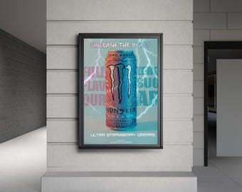 Monster Energy Ultra Strawberry Dreams Poster | Y2K Energy Drink Wall Art | Cyberpunk Pink Blue Aesthetic Print | Gaming Room Decor
