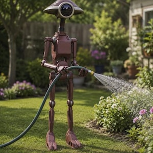 Puede incluir: Un robot humanoide de color marrón con una cabeza en forma de cúpula y un gran lente circular como ojo. El robot tiene extremidades articuladas y sostiene una manguera de jardín verde, rociando una fina niebla de agua sobre las flores.