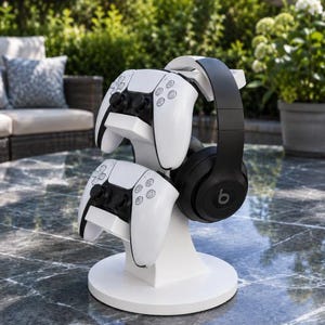 May include: A white gaming accessory stand featuring a circular base and vertical support. The stand holds two white and black wireless game controllers stacked vertically and one pair of black over-ear headphones with a circular logo on the side.