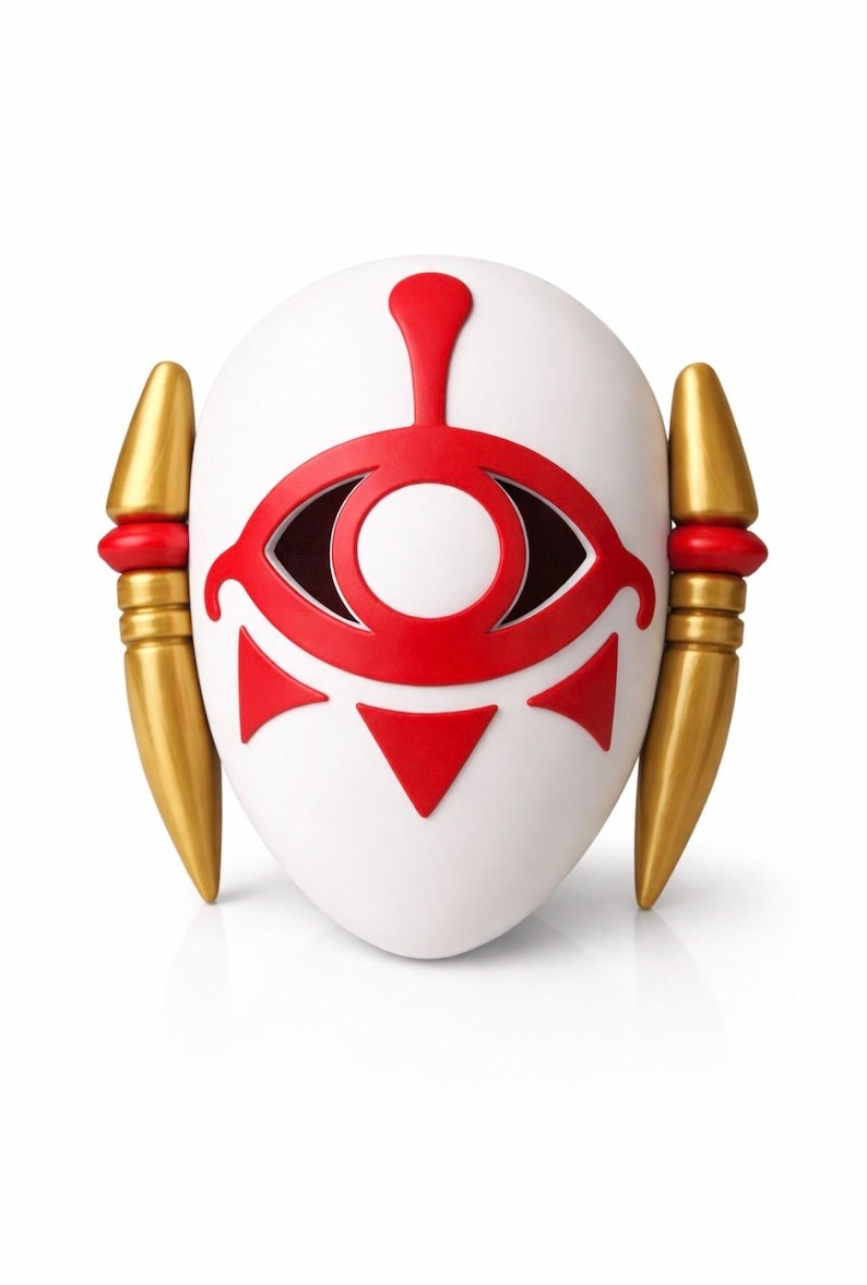 May include: A white mask with a red eye design and gold accents. The mask features a central eye symbol and red triangles. Gold, spear-like elements are on each side. A decorative item.