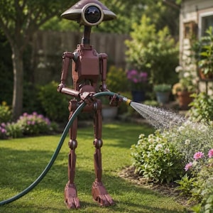 Könnte beinhalten: Eine rotbraune Roboterfigur, die einen grünen Gartenschlauch hält und Wasser auf ein Blumenbeet sprüht. Der Roboter hat ein großes, kreisförmiges Auge und einen kuppelförmigen Kopf. Die Szene spielt in einem sonnigen Garten.