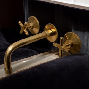 Unlacquered Brass Wall Mounted Bathroom Faucet, Solid Brass Bathroom Faucet With Cross Handle