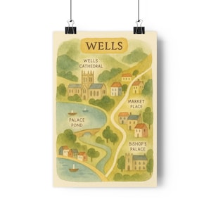 Wells Karte Print Aquarell Folk Art Style mit Catedural Markt und Palace Pond Somerset A3 Town Illustration