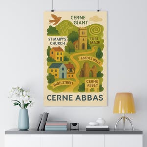 Impresión de mapa de Cerne Abbas, ilustración de pueblo estilo arte popular, arte mural rural de Dorset, gigante y abadía de Cerne