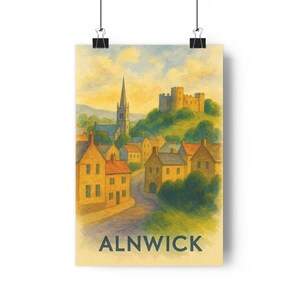 Impression aquarelle d&#39;Alnwick, art mural Northumberland, paysage historique de la ville du château, vue sur le marché à vol d&#39;oiseau
