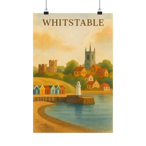 Whitstable Wall Art Watercolor Print with Beach Huts Lighthouse and Castle Kent A3 Coastal Town Illustration