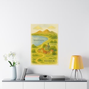 Impression de carte de Keswick Art folklorique Style aquarelle avec illustration A3 de Derwentwater Moot Hall et Catbells Lake District