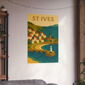 Impressão de mapa de St Ives, estilo de arte popular, ilustração de cidade costeira com farol do porto e igreja, Cornwall, arte de parede A3
