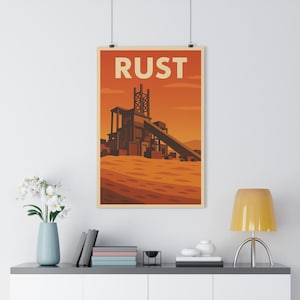 Roestkleurige vintage COD-poster A3 reisstijl print van iconische FPS-kaart gedurfde geometrische gamer muurkunst