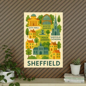 Sheffield Map Folk Style Karte mit Wintergarten und Kathedrale