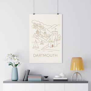 Dartmouth Line Art Print Devon Coastal Town Illustration, Minimalist River Dart Scene with Castle