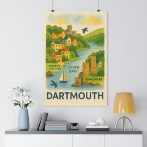 Dartmouth Map Print  A3 Folk Art Style Illustration of Devon Harbour, River Dart, Castle & Kingswear