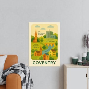 Coventry Map Print Folk Style with Cathedral and Clock Tower