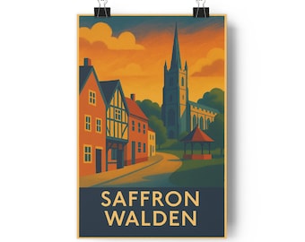Saffron Walden Travel Poster  Vintage-Style Essex Wall Art, Historic English Town Print, Mid-Century Market Scene