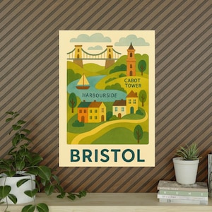 Bristol-kaartafdruk in volksstijl met Clifton Bridge en Cabot Tower