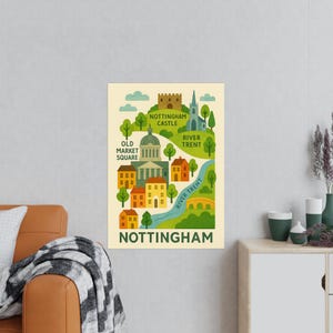 Impresión de mapa de Nottingham en estilo folklórico con el castillo y la plaza del mercado