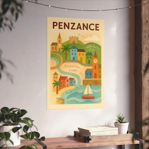 Impression de carte illustrée Penzance, art populaire, art mural côtier des Cornouailles
