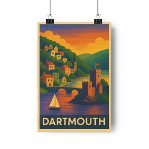 Dartmouth Travel Poster Devon Coastal Wall Art, Vintage Harbour Scene with Castle & River, Retro Illustration