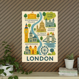 Impressão de mapa de arte popular de Londres com marcos históricos ilustrados da cidade (Tower Bridge, Big Ben, St. Paul's)