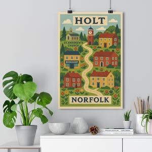 Impresión del mapa ilustrado de Holt Norfolk / Arte popular mural A3 / Póster con mapa de lugares emblemáticos de la ciudad