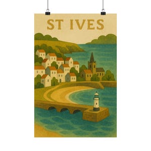 St Ives Karte Drucken Volkskunst Küsten Illustration mit Leuchtturm und Hafen Cornwall A3 Seaside Wandkunst