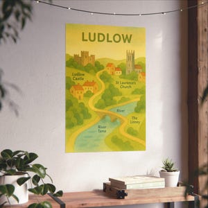 Impresión de mapa de Ludlow, ilustración de arte popular en acuarela con la iglesia del castillo y el río Teme, mapa de la ciudad de Shropshire A3