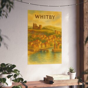 Whitby Wall Art Watercolor Coastal Town Print with Whitby Abbey and Harbour North Yorkshire A3 Illustration