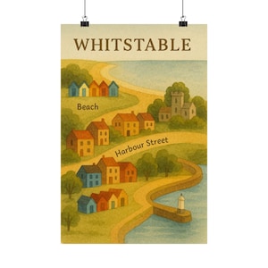 Impresión de mapa de Whitstable, arte popular en acuarela con calle portuaria y casetas de playa, ilustración costera de Kent