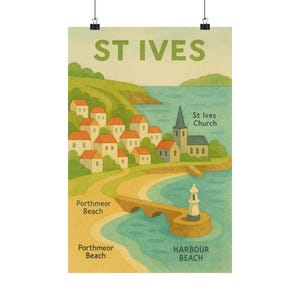 Impresión de mapa de St Ives en acuarela suave, arte popular con puntos de referencia etiquetados, Harbour Beach, Cornwall, arte mural A3