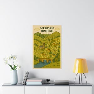 Impresión del mapa de Hebden Bridge, arte popular, ilustración de la ciudad, Calder Valley, arte mural A3, póster de la campiña de West Yorkshire