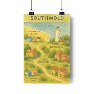 Impression de carte de Southwold Art folklorique Style aquarelle avec illustration A3 de la plage du phare et de High Street Suffolk