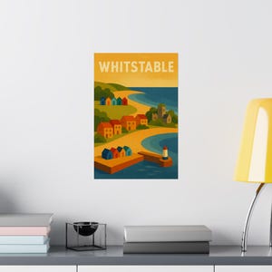 Whitstable Poster Vintage Travel Print with Beach Huts and Lighthouse Kent A3 Coastal Town Wall Art