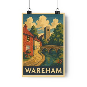 Wareham Dorset Vintage Travel Poster | A3 Retro River Scene Print | Historic Town Wall Art