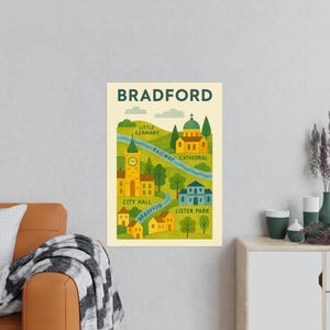Bradford-kaartafdruk in volksstijl met stadhuis en kathedraal
