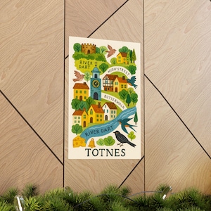 Impressão de mapa ilustrado de Totnes, arte popular, decoração de parede de Devon, River Dart e arte de castelo