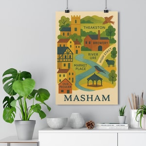Impresión de mapa de Masham / Mapa ilustrado de pueblos de North Yorkshire con cervecería, iglesia y escena del río