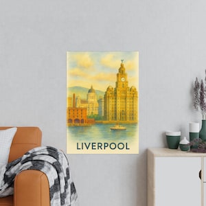 Liverpool Art Print Watercolor Waterfront Scene with Liver Building