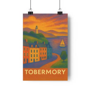 Tobermory Travel Poster Print  Isle of Mull Wall Art, Vintage-Style Coastal Scotland Artwork, A3 Sunset Harbour Illustration