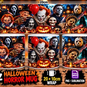 Puede incluir: Una taza de cerámica blanca con un estampado envolvente de varios personajes de películas de terror, incluyendo un payaso, una figura enmascarada y una muñeca, sobre un fondo oscuro de Halloween con calabazas y una capacidad de 325 ml.